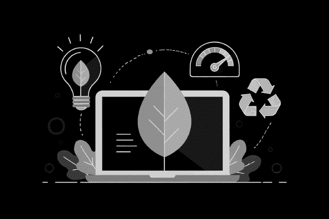 Un ordinateur portable avec une feuille, une ampoule et d'autres icônes, symbolisant l'écoconception de sites internet