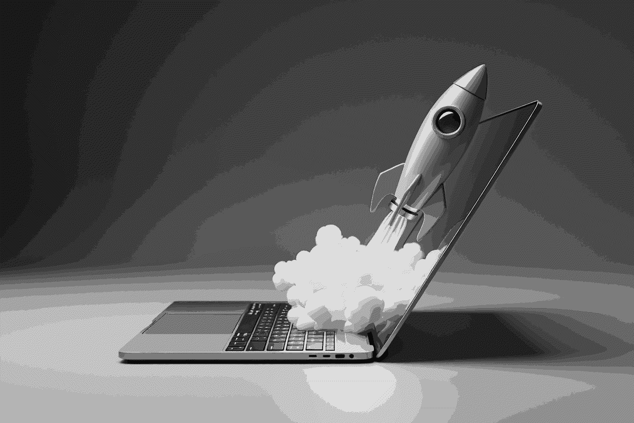 Un ordinateur portable avec une fusée sur le dessus, symbolisant le lancement et le développement d'un site internet