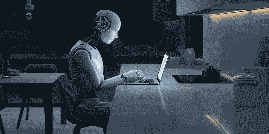 robot représentant l'ia qui utilise un ordinateur portable pour faire du seo