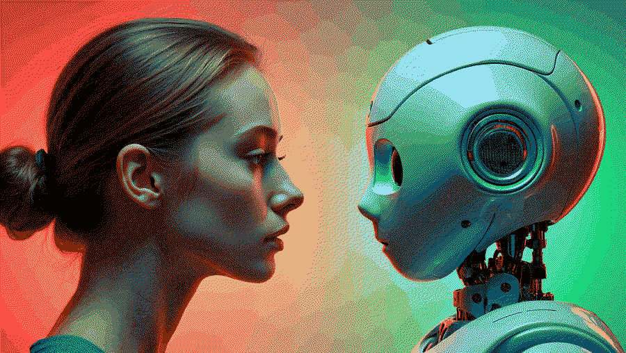 représentation de l'ia face à la propriété intellectuelle par une femme face à un robot