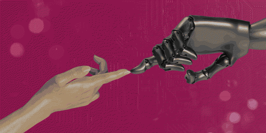 une main humaine et une main robotique représentant l'IA