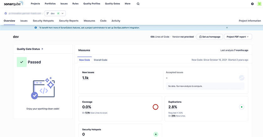 Vue du logiciel Sonarqube